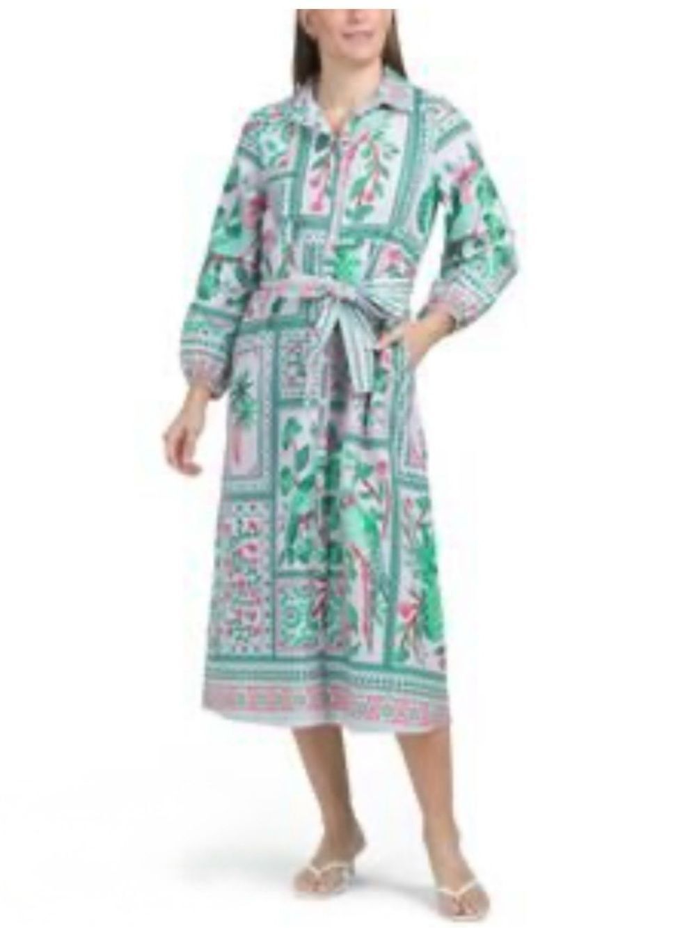 CELINA MOON Green and Pink Patterned Midi Dress